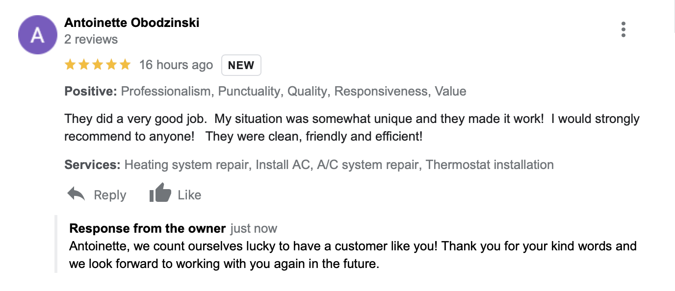 Bloomingdale HVAC customer review